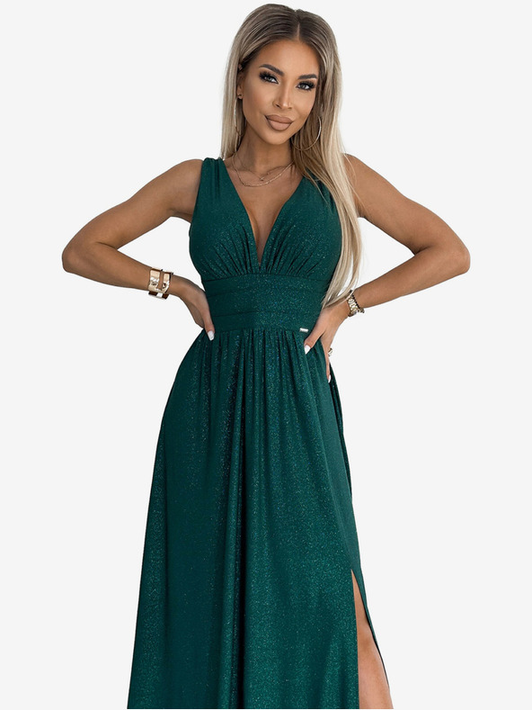 numoco Rochie lungă din brocart cu decolteu în inimă și cusături în talie - Verde Numoco SUSANv