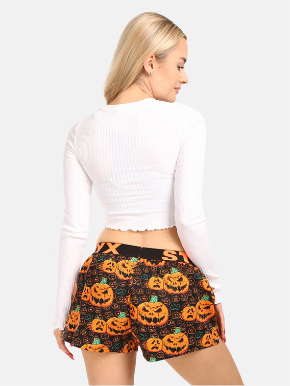 Styx Pantaloni scurți de somn cu model de dovleac de Halloween Styx pentru femei, negri și portocalii