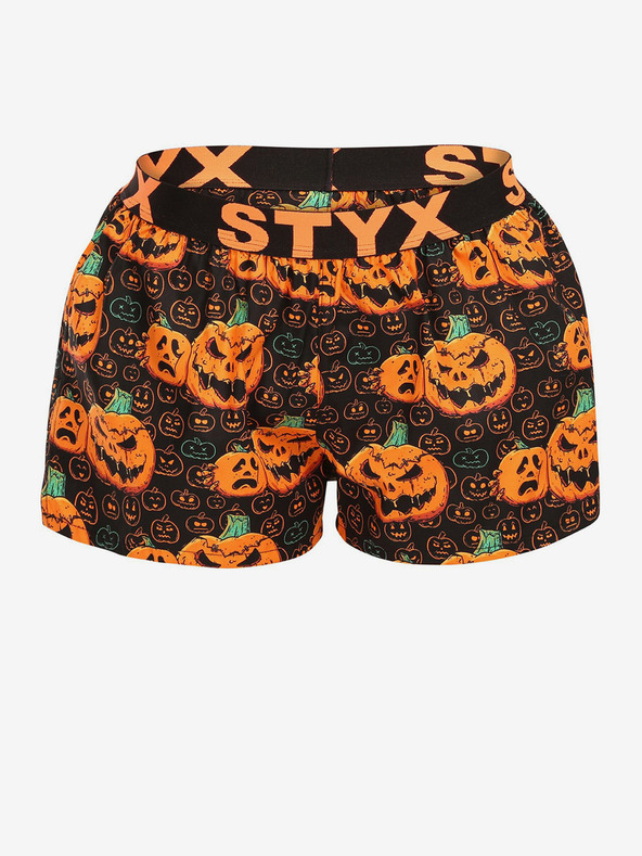 Styx Pantaloni scurți de somn cu model de dovleac de Halloween Styx pentru femei, negri și portocalii