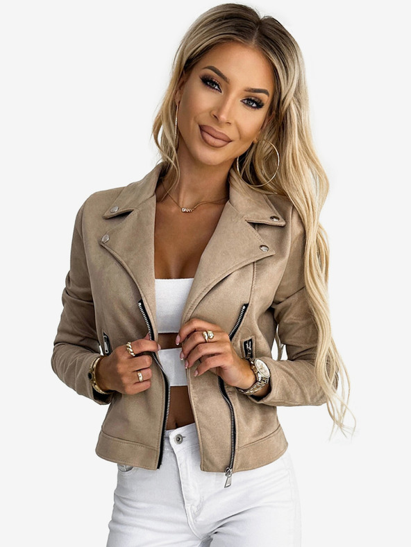 numoco Jachetă de damă bej din piele întoarsă cu mâneci lungi și fermoare Numoco