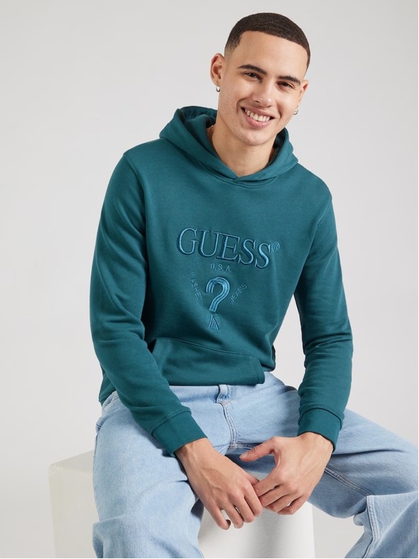 Guess Jeans Hanorac petrol pentru bărbați cu logo brodat și glugă Guess jeans