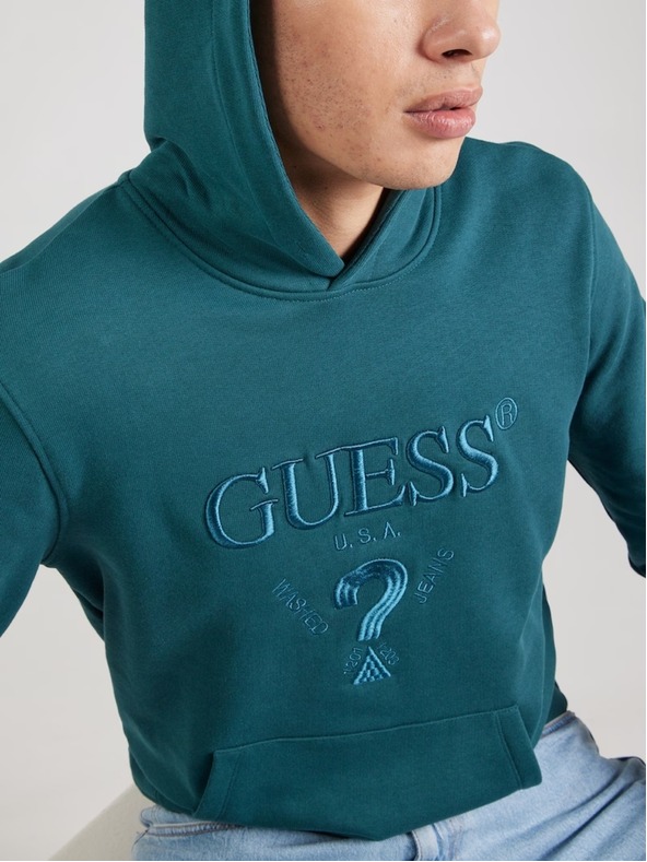 Guess Jeans Hanorac petrol pentru bărbați cu logo brodat și glugă Guess jeans