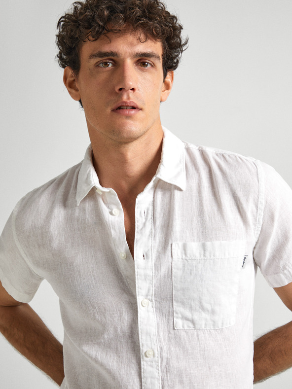 Pepe Jeans Cămașă albă din in cu mânecă scurtă pentru bărbați Pepe Jeans