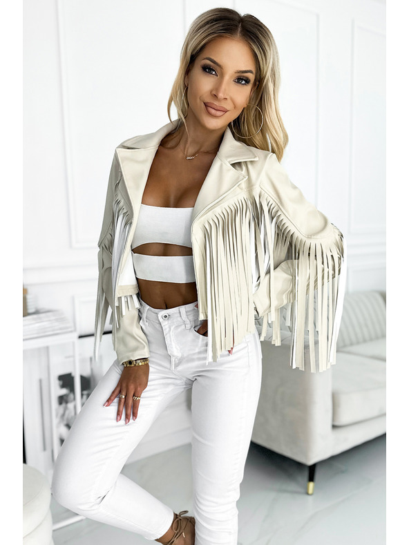 numoco Jachetă scurtă bej cu franjuri din piele ecologică fină