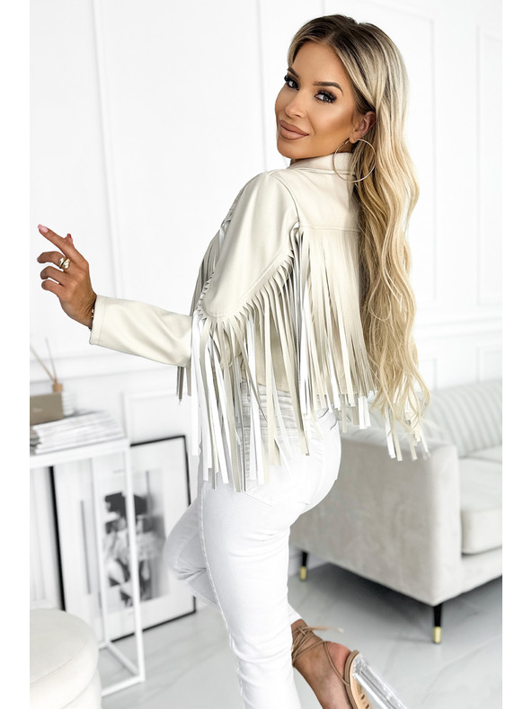 numoco Jachetă scurtă bej cu franjuri din piele ecologică fină