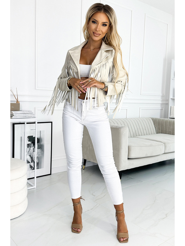 numoco Jachetă scurtă bej cu franjuri din piele ecologică fină