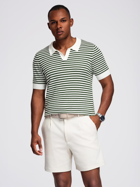 Ombre Clothing Tricou polo tricotat fără nasturi în dungi marinărești - alb și verde măslinie