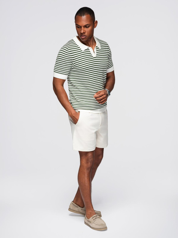 Ombre Clothing Tricou polo tricotat fără nasturi în dungi marinărești - alb și verde măslinie