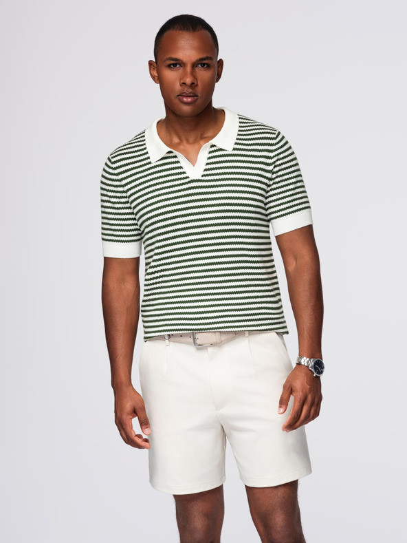 Ombre Clothing Tricou polo tricotat fără nasturi în dungi marinărești - alb și verde măslinie
