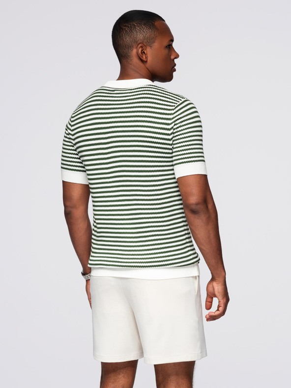 Ombre Clothing Tricou polo tricotat fără nasturi în dungi marinărești - alb și verde măslinie
