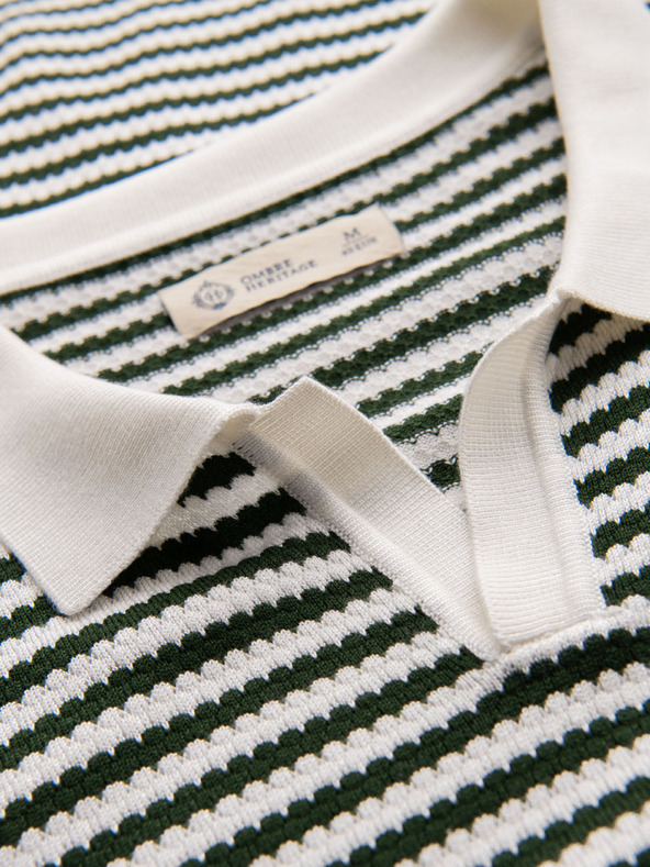 Ombre Clothing Tricou polo tricotat fără nasturi în dungi marinărești - alb și verde măslinie