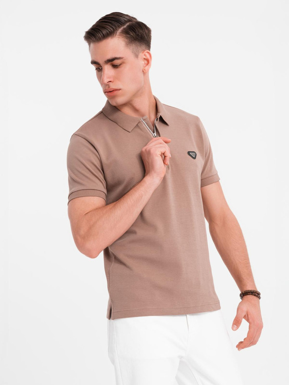 Ombre Clothing Tricou polo cu fermoar - maro deschis