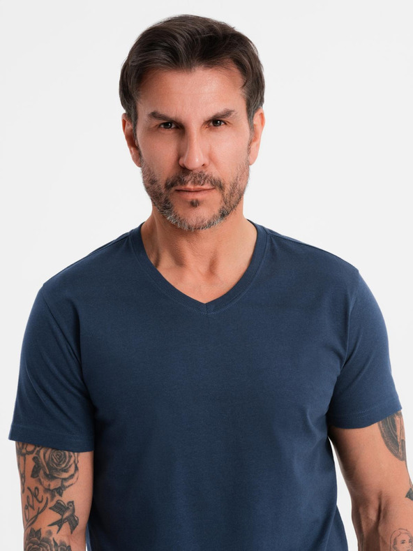 Ombre Clothing Tricou clasic BASIC din bumbac pentru bărbați cu decolteu în V - albastru închis