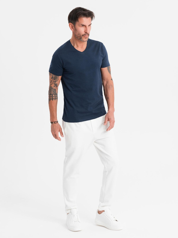 Ombre Clothing Tricou clasic BASIC din bumbac pentru bărbați cu decolteu în V - albastru închis