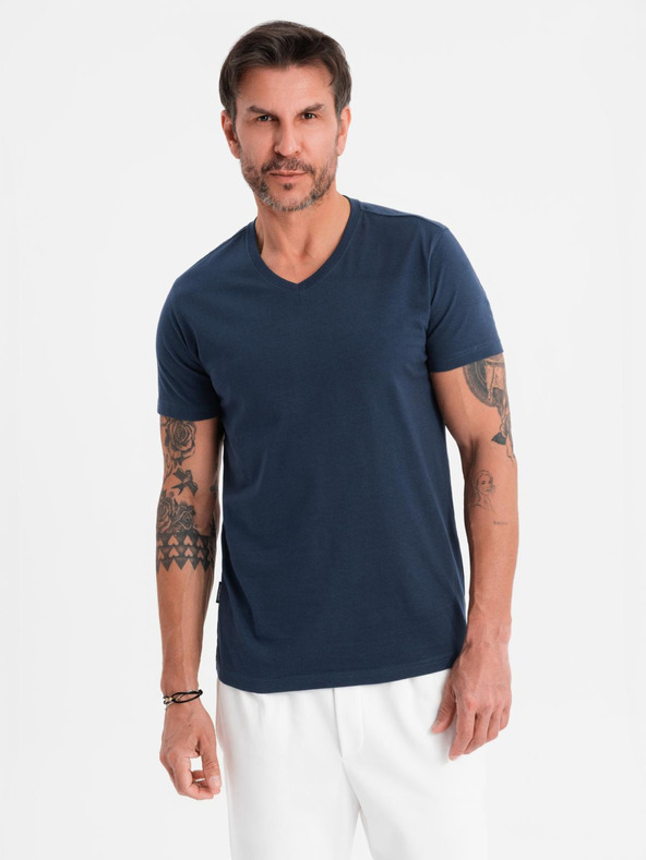 Ombre Clothing Tricou clasic BASIC din bumbac pentru bărbați cu decolteu în V - albastru închis