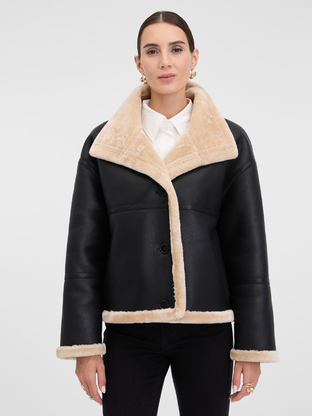 Orsay Geacă din piele cu blană neagră pentru femei ORSAY