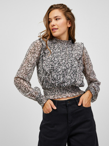 TALLY WEiJL Bluză scurtă cu volane florale albe și negre TALLY WEiJL