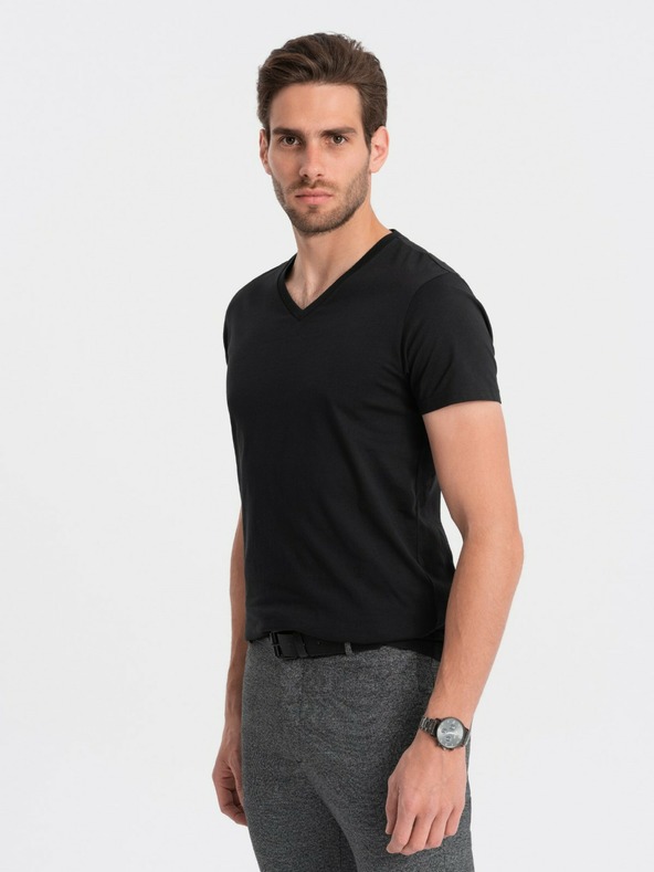 Ombre Clothing Tricou basic negru cu decolteu în V pentru bărbați Ombre Clothing