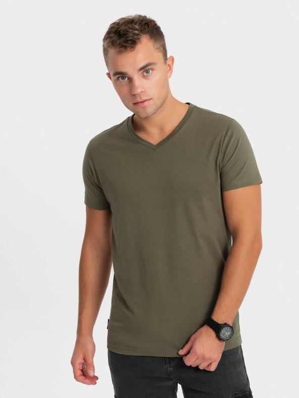 Ombre Clothing Tricou basic cu decolteu în V kaki pentru bărbați Ombre Clothing