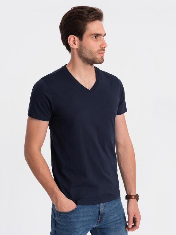 Ombre Clothing Tricou basic cu decolteu în V albastru închis pentru bărbați Ombre Clothing