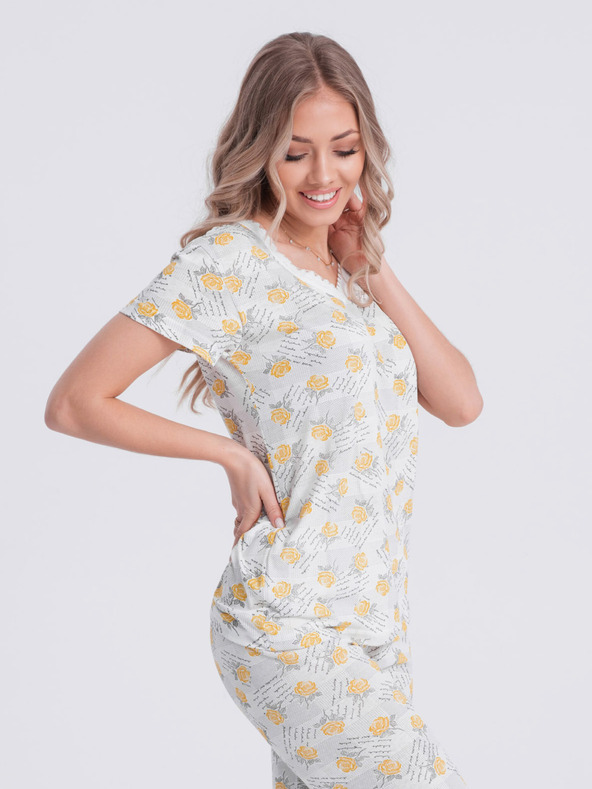 Edoti Pijama albă și galbenă cu imprimeu floral pentru femei Edoti