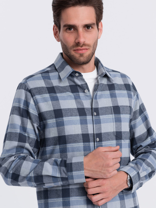 Ombre Clothing Cămașă bărbătească din flanel cu carouri albastru și gri Ombre Clothing
