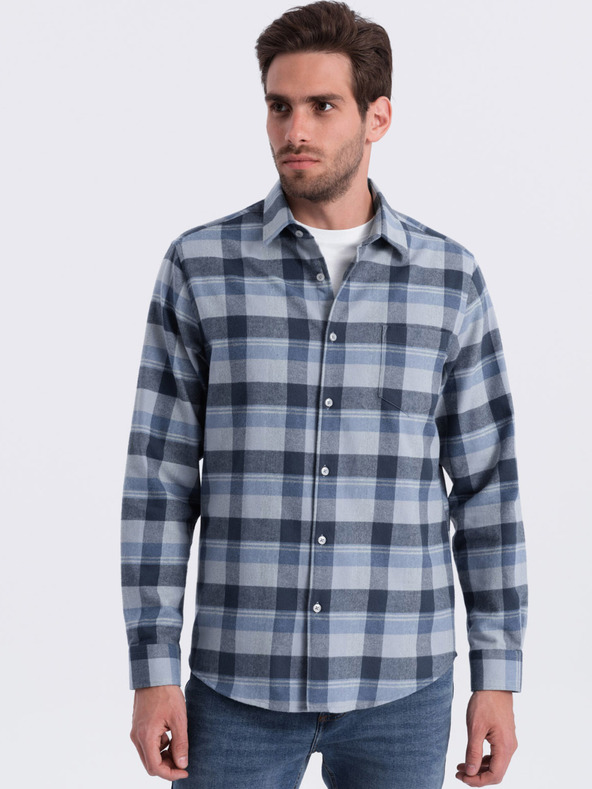 Ombre Clothing Cămașă bărbătească din flanel cu carouri albastru și gri Ombre Clothing