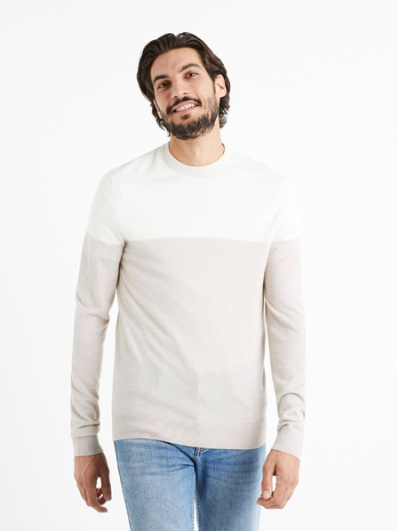 Celio Pulover bărbătesc alb și bej din amestec de lână Merino Celio Cemeribloc