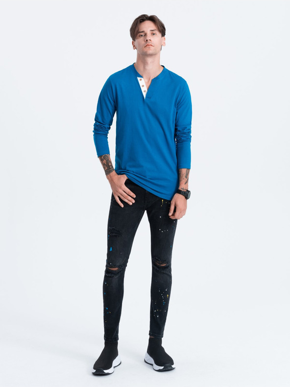 Ombre Clothing Tricou bărbătesc albastru cu nasturi în jos Ombre Clothing HENLEY
