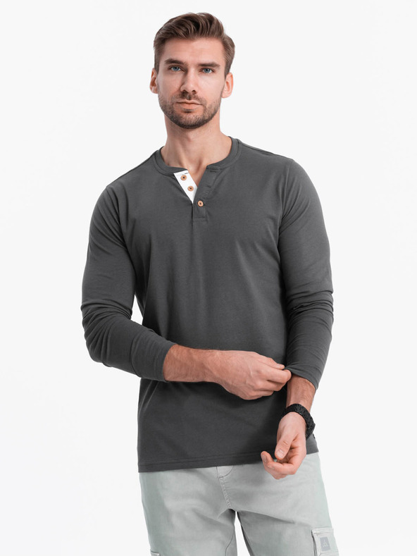 Ombre Clothing Cămașă bărbătească gri închis cu nasturi în jos Ombre Clothing HENLEY