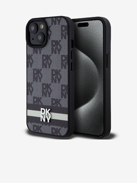 DKNY PU Leather Checkered Pattern și Stripe Back Cover pentru iPhone 15 negru DKNY