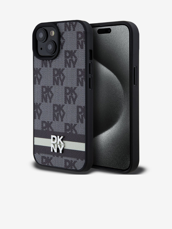 DKNY PU Leather Checkered Pattern și Stripe Back Cover pentru iPhone 15 negru DKNY