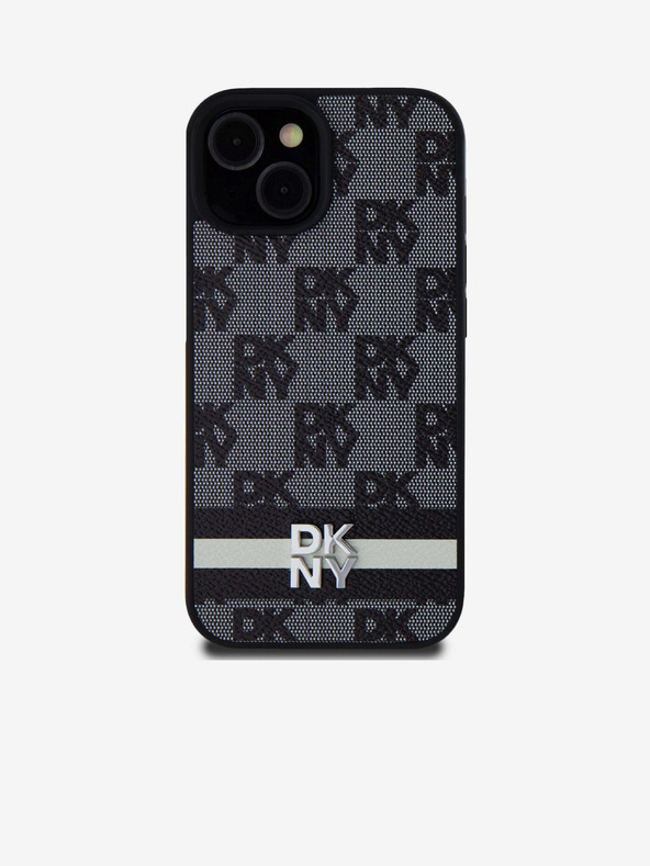 DKNY PU Leather Checkered Pattern și Stripe Back Cover pentru iPhone 15 negru DKNY