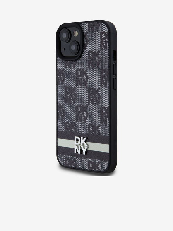 DKNY PU Leather Checkered Pattern și Stripe Back Cover pentru iPhone 15 negru DKNY