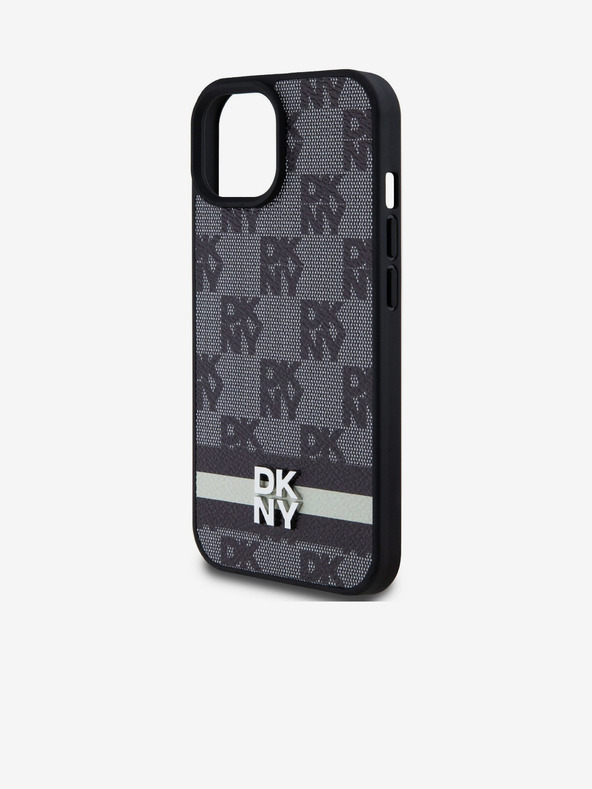 DKNY PU Leather Checkered Pattern și Stripe Back Cover pentru iPhone 15 negru DKNY