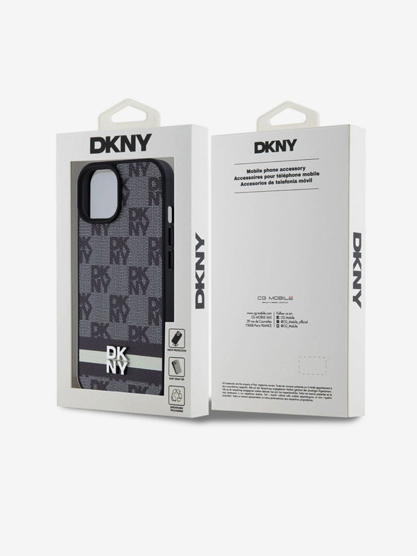 DKNY PU Leather Checkered Pattern și Stripe Back Cover pentru iPhone 15 negru DKNY
