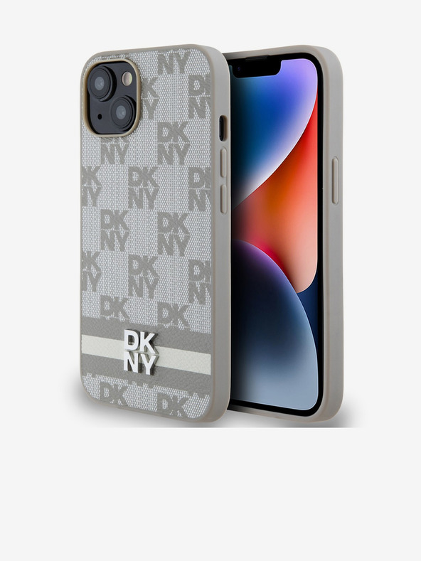 DKNY Husă spate din piele PU cu model în carouri și dungi pentru iPhone 14 bej DKNY