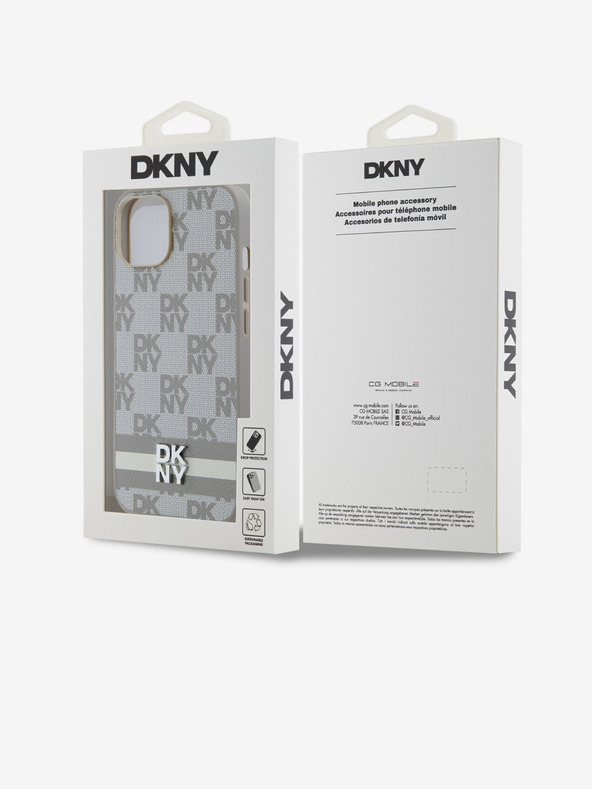 DKNY Husă spate din piele PU cu model în carouri și dungi pentru iPhone 14 bej DKNY