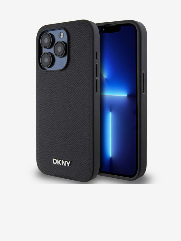 DKNY PU piele Silver Metal Logo Magsafe Back Cover pentru iPhone 15 Pro negru DKNY