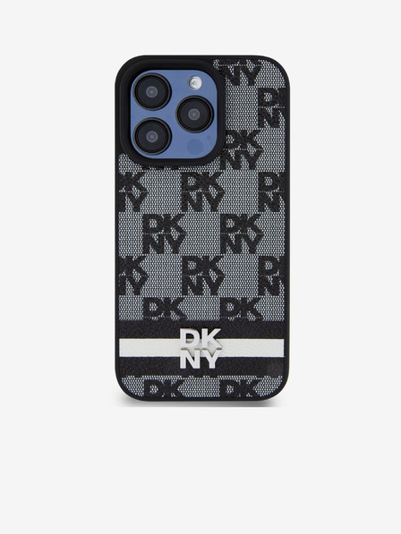 DKNY PU piele Checkered Model și Stripe Back Cover pentru iPhone 15 Pro negru DKNY