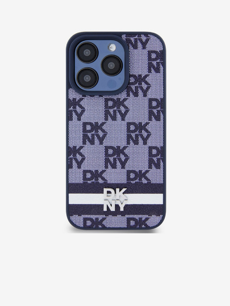 DKNY PU Leather Checkered Pattern și Stripe Back Cover pentru iPhone 15 Pro Max albastru DKNY
