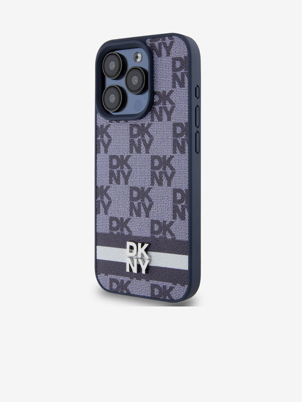 DKNY PU Leather Checkered Pattern și Stripe Back Cover pentru iPhone 15 Pro Max albastru DKNY