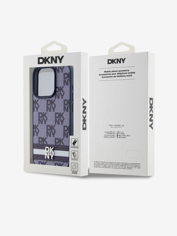 DKNY PU Leather Checkered Pattern și Stripe Back Cover pentru iPhone 15 Pro Max albastru DKNY