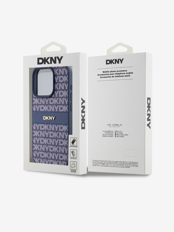 DKNY PU Leather Repeat Pattern Tonal Stripe Back Cover pentru iPhone 15 Pro Max albastru DKNY