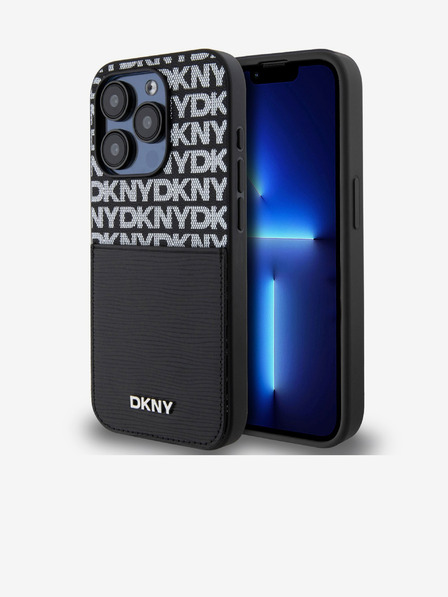 DKNY PU Leather Repeat Pattern Card Pocket Back Cover pentru iPhone 15 Pro negru DKNY