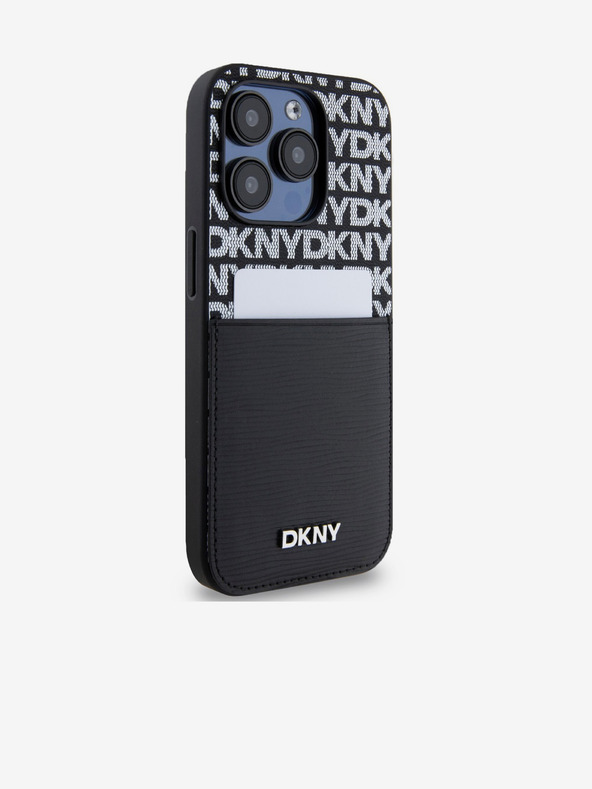 DKNY PU Leather Repeat Pattern Card Pocket Back Cover pentru iPhone 15 Pro negru DKNY