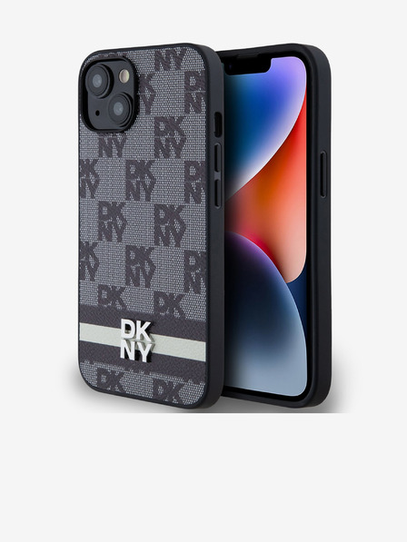 DKNY PU Leather Checkered Pattern și Stripe Back Cover pentru iPhone 14 negru DKNY