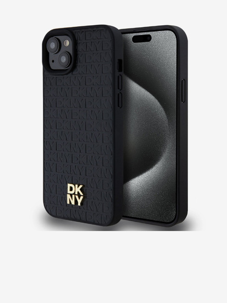 DKNY PU piele Repeat Pattern Stack Logo Magsafe Back Cover pentru iPhone 15 Plus negru DKNY