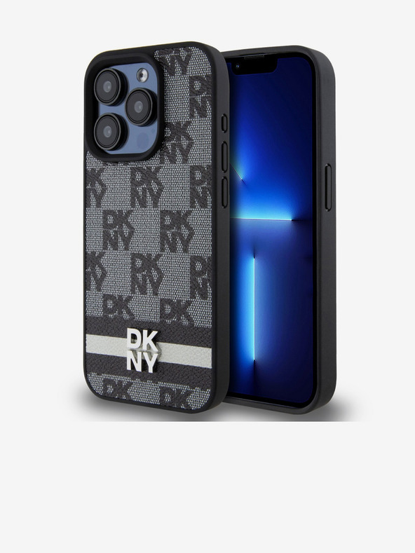 DKNY Model din piele PU Checkered și Stripe Back Cover pentru iPhone 15 Pro Max negru DKNY