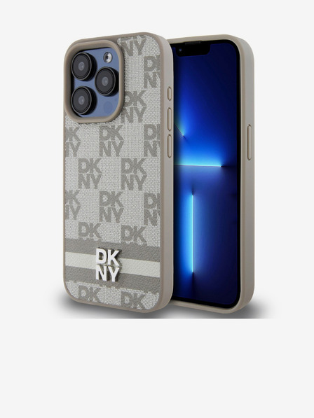 DKNY PU Leather Checkered Pattern and Stripe Back Cover pentru iPhone 13 Pro Bej DKNY